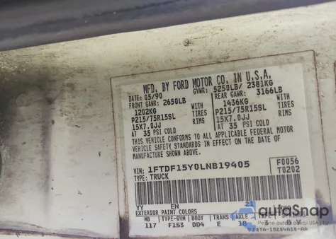 1990 Ford F150 z USA, uszkodzony, nr VIN 1FTDF15Y0LNB19405